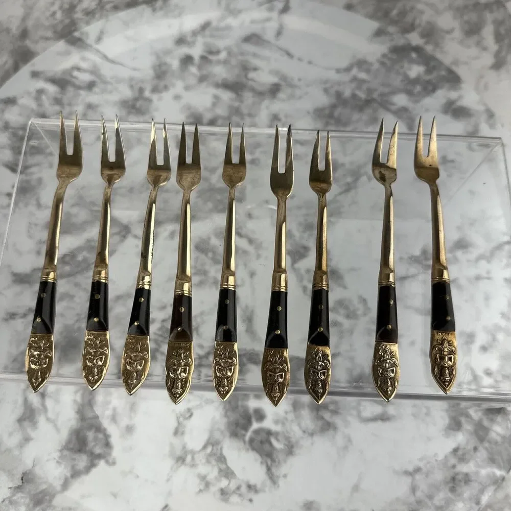 Vintage Mid Century Modern Siam‎ Appetizer Forks 9 Piece Brass Thailand Buddha